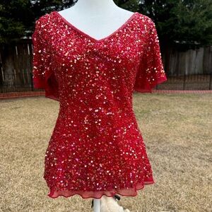 Red Sequin V-Neck Top